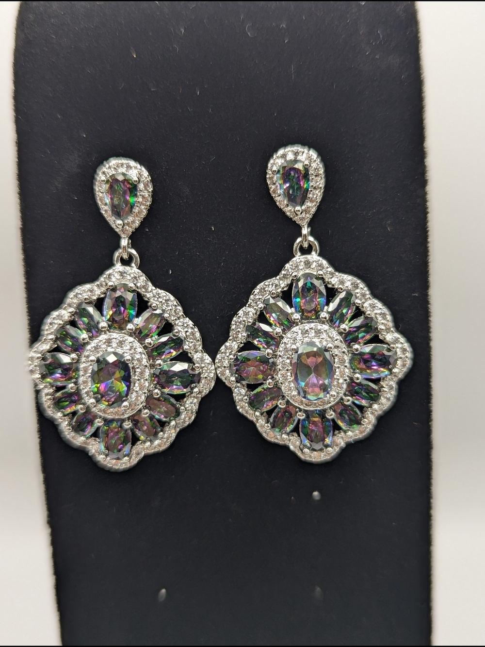 Mystic Zircon Teardrop Halo Dangle Earrings - Silver